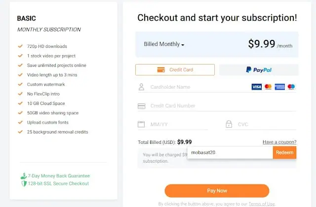 طريقة إدخال الكوبون FlexClip طريقة إدخال الكوبون